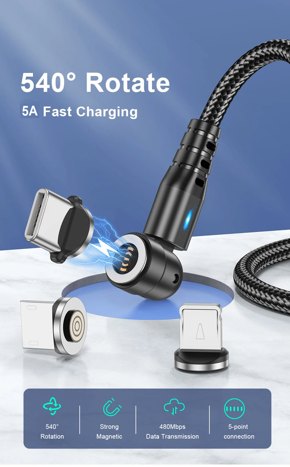 USLION 540 Rotate 5A Magnetic Cable Fast Charging Type C Cable Micro USB Magnet Charge Phone Data Line Wire For iphone 15 Xiaomi