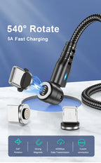 USLION 540 Rotate 5A Magnetic Cable Fast Charging Type C Cable Micro USB Magnet Charge Phone Data Line Wire For iphone 15 Xiaomi