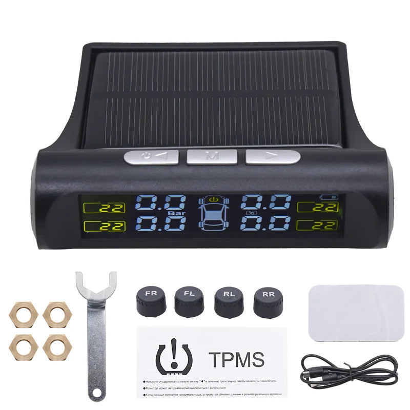 TPMS Solar Tire Pressure Sensor Car Tire Pressure Monitoring System with 4 Wheel Internal External Sensors TMPS
