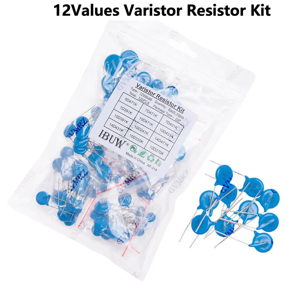 120PCS 12Values Varistor Resistor Kit 5D471K 7D471K etc. DIP Package for Surge Protection Projects 7D391K 10D391K 14D431K 7D473K