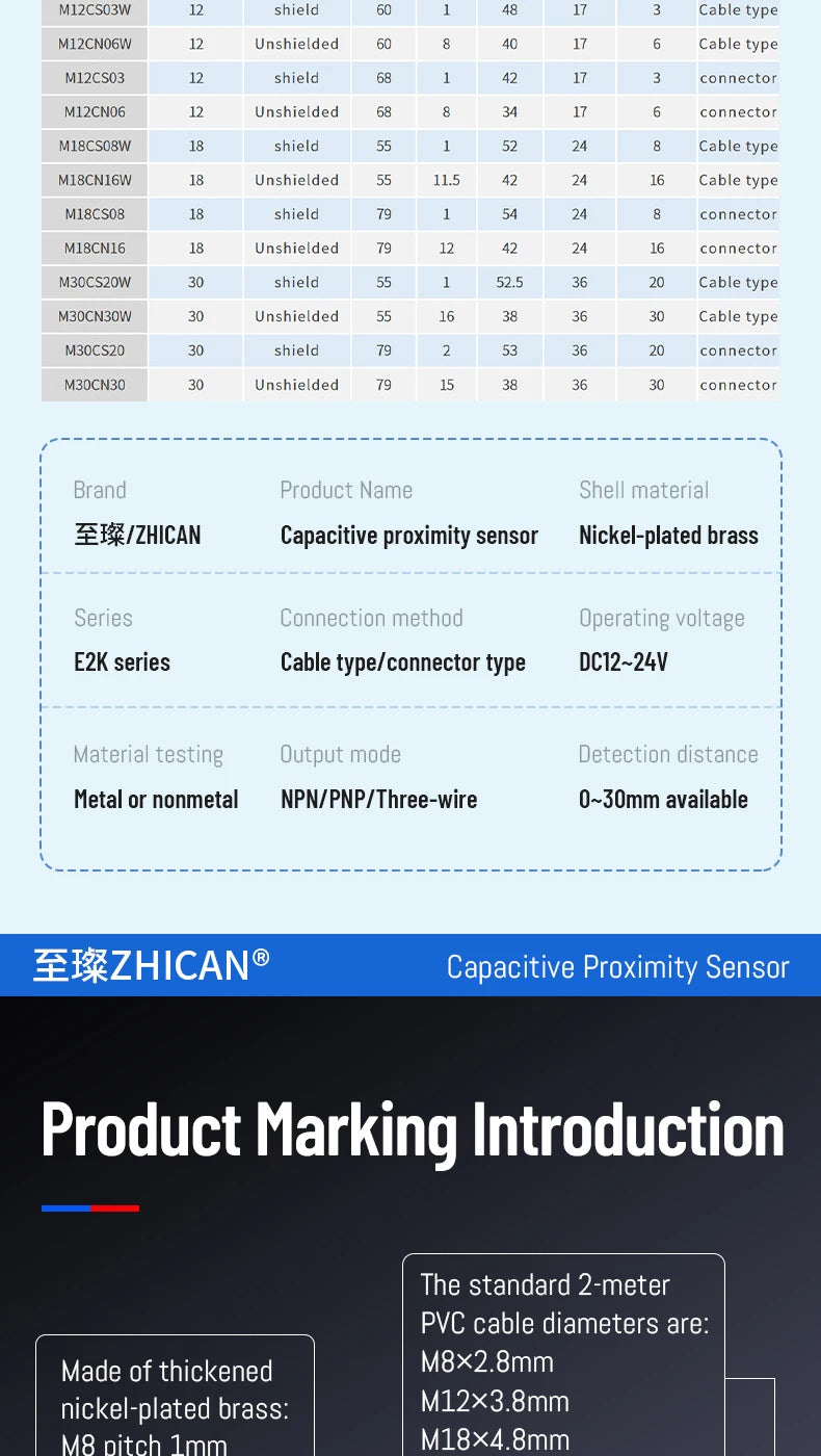 ZHICAN E2K M12 M18 Capacitive Proximity Sensor 30mm Long Range Plastics Glass Wood Metals Nonmetal Material Detection Switch