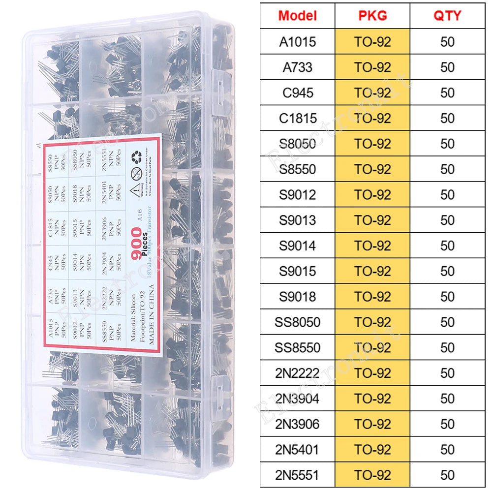 SOP-23 SOP-223 TO-252 TO-92 TO-92L TO-126 TO-220 Mosfet Triode Thyristor Voltage Regulator PNP/NPN Transistor Assortment Kit