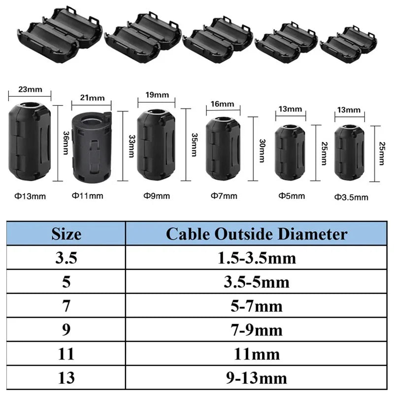 2pcs Ferrite Core Choke Ring Bead RFI EMI Noise Suppressor Filter for Power Cord USB Antenna HDMI Audio Cable 3.5/5/7/9/13mm