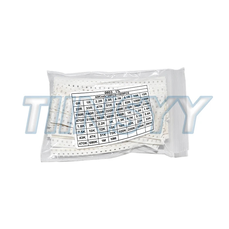 1500PCS/Set Resistors Assorted Set (60 Values X 25Pcs) SMD 0603 0805 0R-10M Ohm 1% High Precision Film Chip Resistance Kit