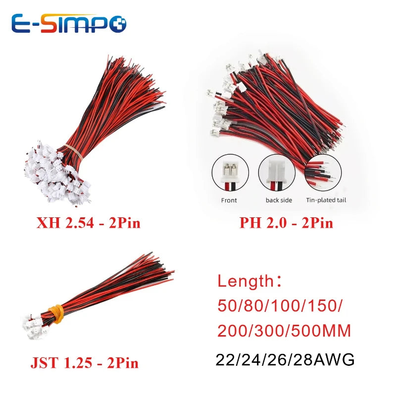 10PCS PH 2.0mm MX1.25mm/XH 2.54mm 28-22AWG 2 Pin Male Cable Connector Micro Plug Jack Socket Terminals Wire Cables 80MM-500MM