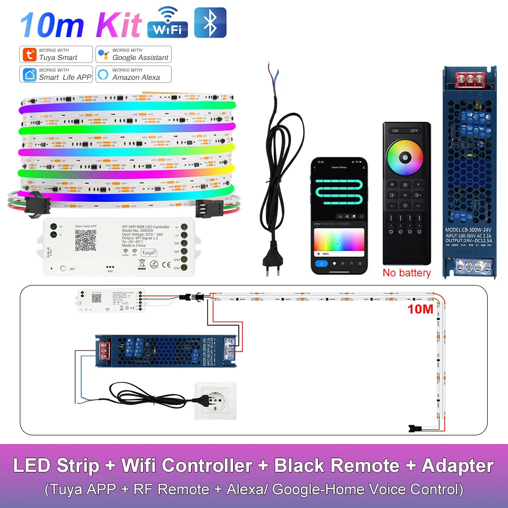 RGB-IC COB LED Strip with Tuya Wifi Controller 2.4G Remote Alexa Google Home Rainbow Color Addressable LED Tape 10m 20m 25m Kit