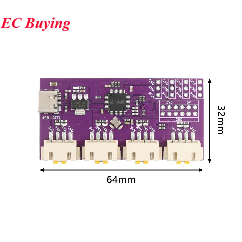 USB to 4 8-way RS485 Serial Port Type-C to 4 8-way 485 Multi-channel UART TTL CH348 HUB RS485 Module Expansion Board YR-6028