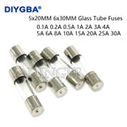 100PCS 5*20mm 6*30mm Fast Blow Glass Tube Fuses 5x20mm 6x30mm 250V 0.5A 1A 2A 3A 4A 5A 6A 8A 10A 15A 20A 25A 30A 0.75A AMP Fuse