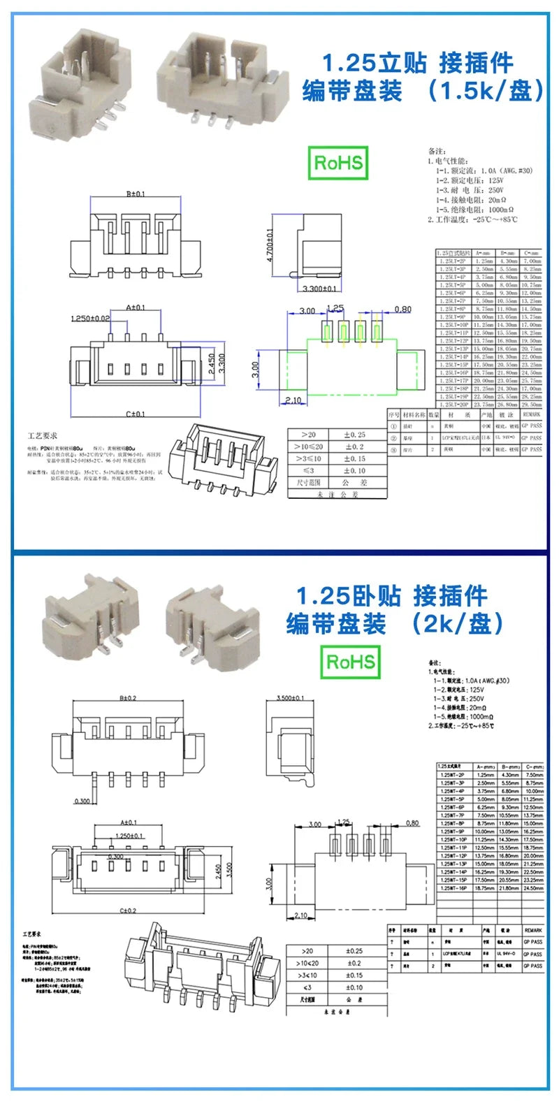 50pcs SH1.0mm/MX1.25mm/ZH1.5mm/PH2.0mm/XH2.54mm horizontal and vertical SMT SMT 2/3/4/5/6/7/8/9/10/11/12Pin