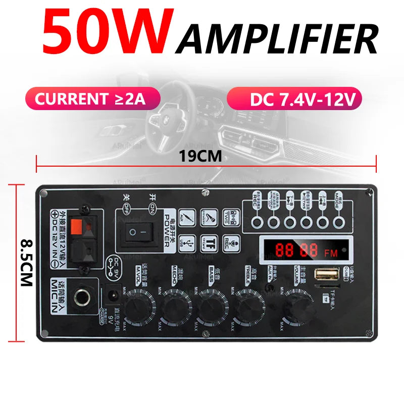 50W Metal Shell Bluetooth Amplifier Board with Display | 7.4V-12V Input | Power Adapter Cable Included