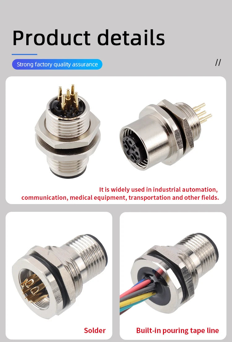 M12 Sensor Waterproof Circular Connector Panel Mount Bulkhead Installation Metal Male Female PCB Socket 2 3 4 5 6 8 12 17pin