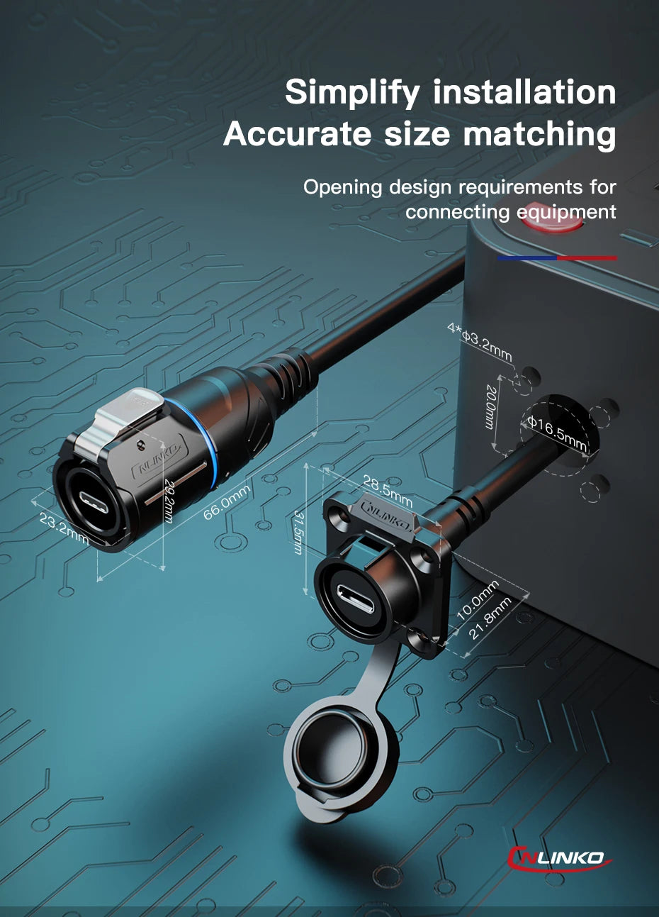 CNLINKO LP16 Waterproof Type-C Connector 5A Female Socket Jacks 10 Gbps Panel Mount Receptacles for Fast Charging Data Transfer