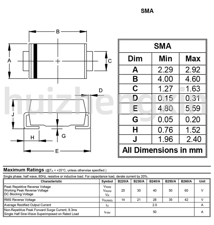 20PCS B220A-13-F B230A-13-F B240A-13-F B250A-13-F B260A-13-F 20V 30V 40V 50V 60V 2A Schottky diode SMA/DO-214AC