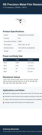 10PCS RE Precision Metal Film Non-Inductive Resistor 0.1% 25PPM 0.25W 0.5W 1W 2W Sampling Resistor