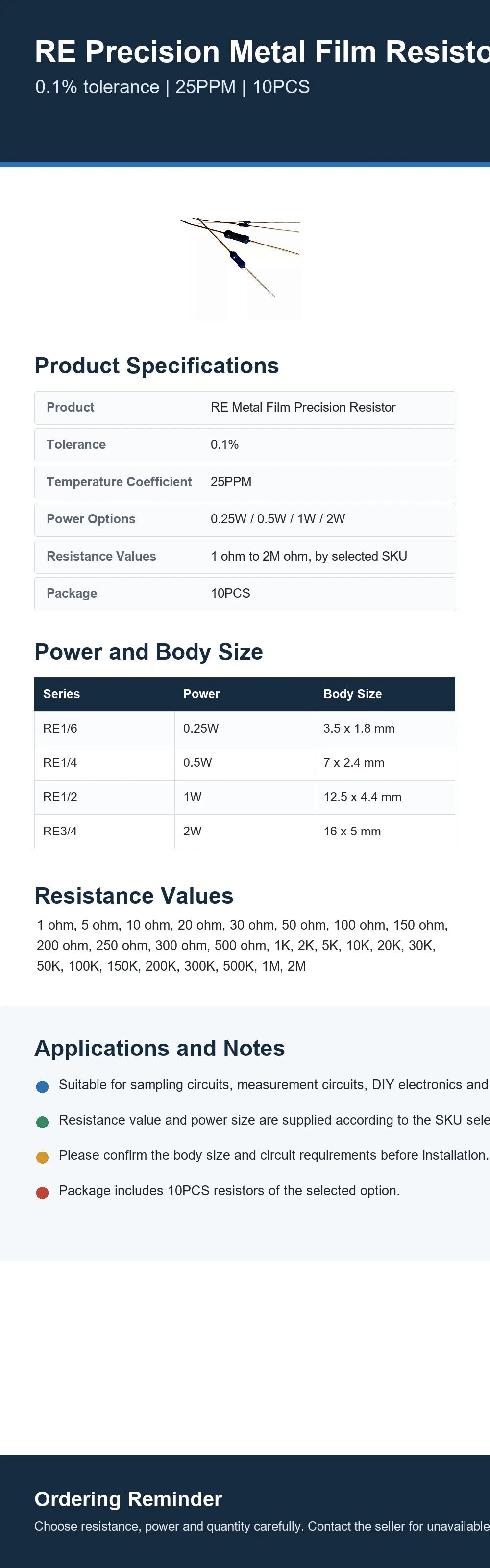 10PCS RE Precision Metal Film Non-Inductive Resistor 0.1% 25PPM 0.25W 0.5W 1W 2W Sampling Resistor