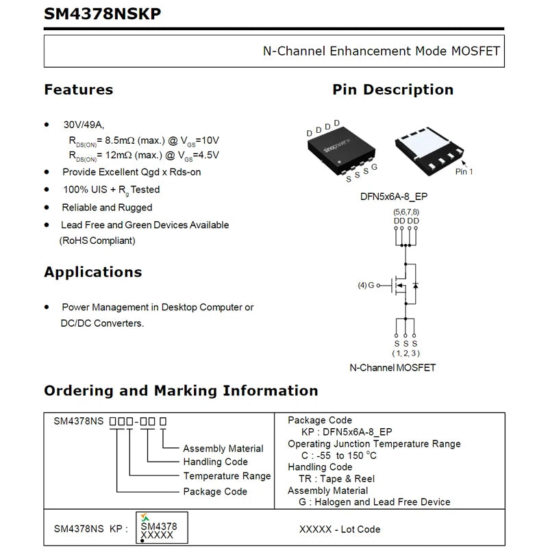 SM4336N SM4337 SM4364A SM4365N SM4370 SM4373NA SM4377N SM4378 4503NH 4504NH 4508NH N-Channel Enhancement Power Transistor MOSFET