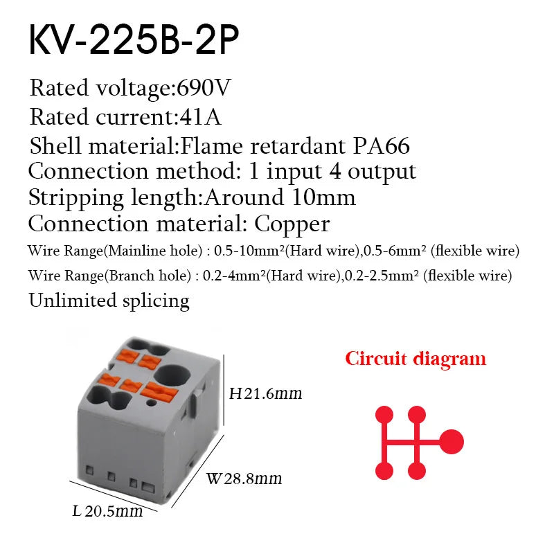 1PC 225 Series Wire Connectors Plug-in Electrical Terminal Block Spliceable One In Multiple Out Splitter Guide Rail Junction Box