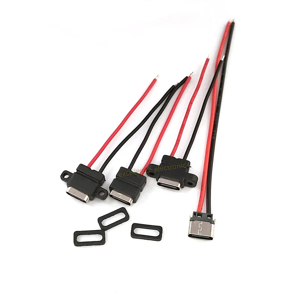 2/5/10pcs USB-C High Current Charging Socket With Rubber Ring 2Pin 4Pin Straight ear Side Ear Type C Waterproof Female Connector
