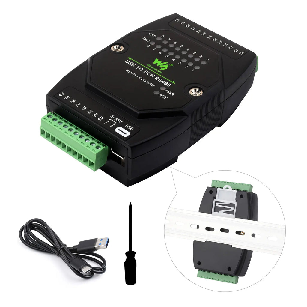 Waveshare USB TO 8CH RS485 Industrial Grade Isolated Converter, USB To RS485 Adapter, Multiple Protection Circuits, Wall-mount