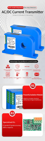 AC DC 0-600A Current Sensor 4-20mA 0-10V RS485 20mm Close Loop Current Transducer High Accuracy Hall Effect Current Transmitter