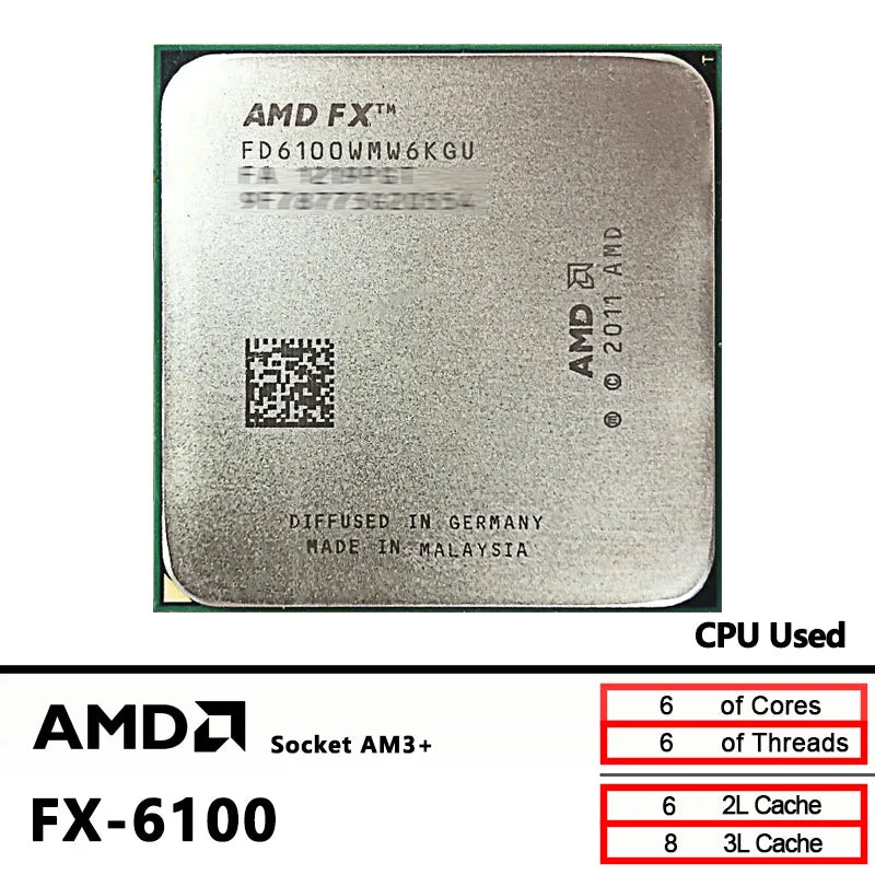 AMD FX-Series FX 6100 3.3 GHz Six-Core Six-Thread CPU Used FD6100WMW6KGU Socket AM3+