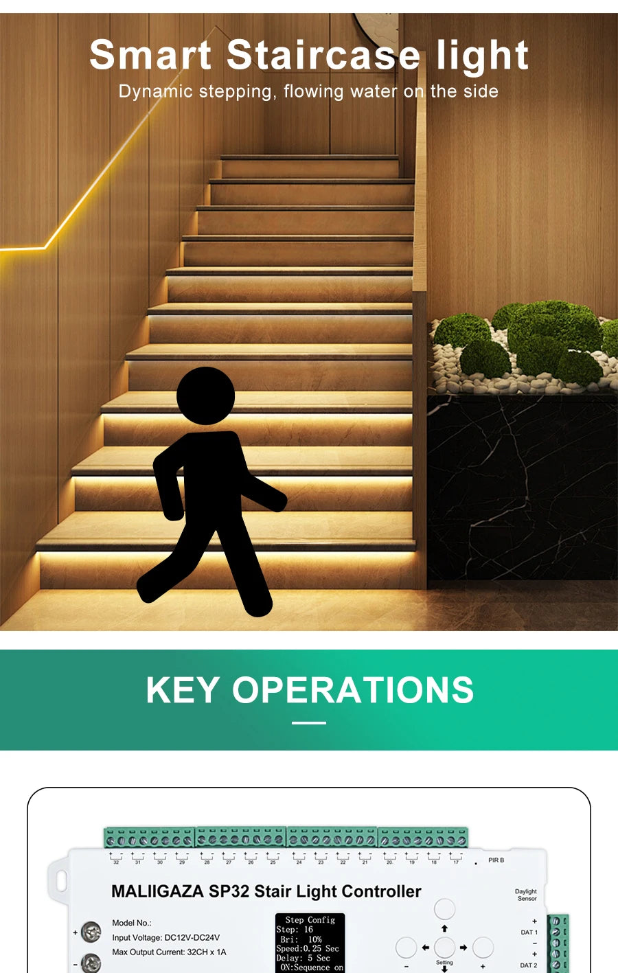 Motion Sensor Stair LED Controller 12V 24V Stair Step LED Strip Light Side Pixel Strip Light 1-32 Steps Indoor Stairway Lighting