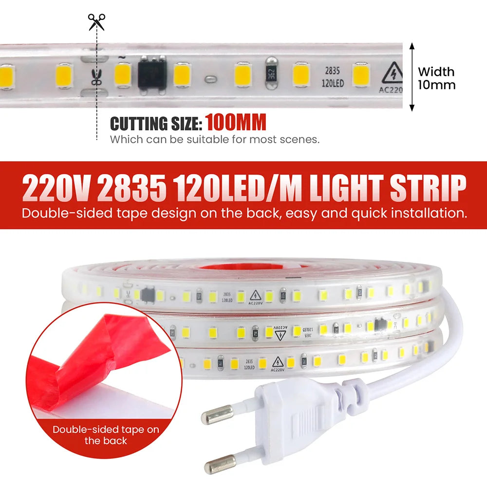 AC 220V 2835 LED Strip Light Waterproof IP67 120 LEDs Flexible Tape Lamp with IC Home Lighting White 0.5m 1m 2m 5m 10m 20m 50m