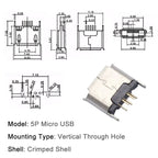 100/1000PCS Micro USB Android Female Charging Socket, Flat Edge Crimped Type, 5Pin, 4 Mounting Pins, SMD & DIP Tail Connector