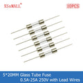 10PCS 5*20MM Fast-Blow Glass Tube Fuse Lead Wires & Single Cap 0.5A 1A 1.5A 2A 3A 4A 5A 6A 7A 8A 10A 12A 12.5A 15A 20A 25A 250V