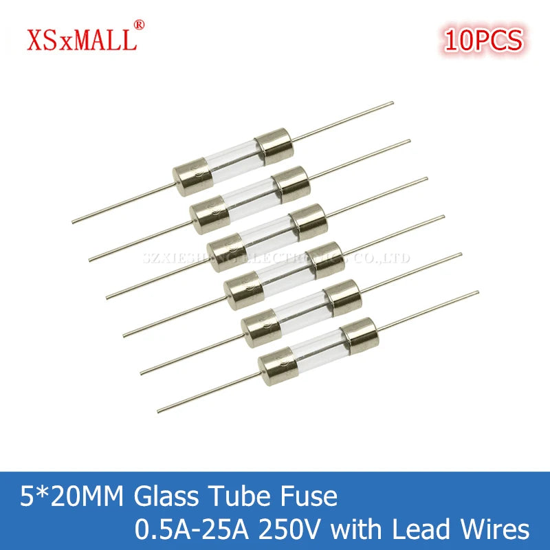 10PCS 5*20MM Fast-Blow Glass Tube Fuse Lead Wires & Single Cap 0.5A 1A 1.5A 2A 3A 4A 5A 6A 7A 8A 10A 12A 12.5A 15A 20A 25A 250V