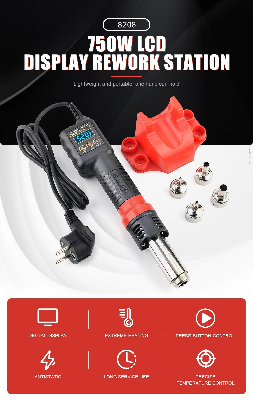 JCD 8208 Heat Gun Micro Soldering Station 750W Soldering Hot Air Gun LCD Digital Hair Dryer For BGA IC Welding Repair Tools