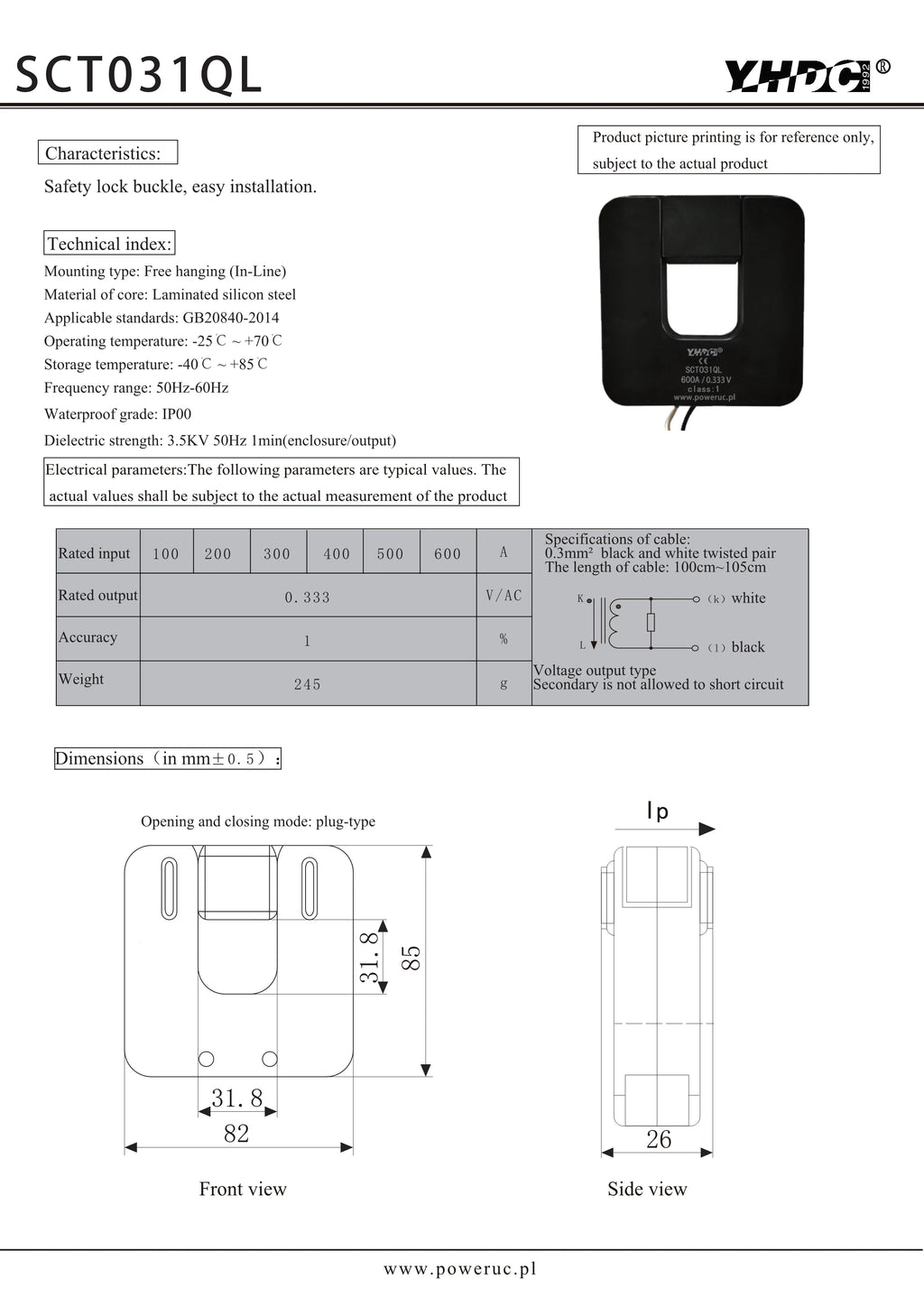 QL Series SCT031QL Input 100A 200A 300A 400A 500A 600A Output 0.333V/0.1A Accuracy 1% Split Core Current Transformer