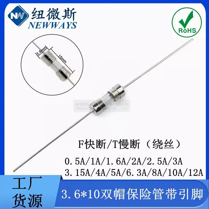 20Pcs 3.6*10 3*10 4*11 Glass fuse Fast/Slow blow 250V 0.5A 1A 2A 3A 3.15A 4A 5A 6.3A 10A 12A with legs F/T type 3.6x10 3x10 4x11