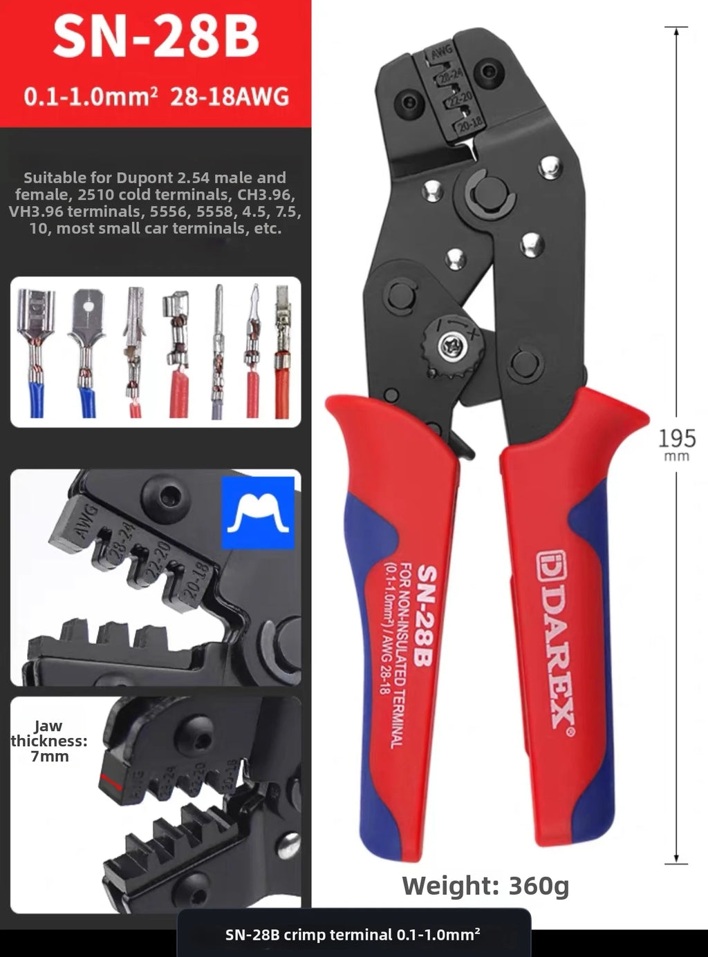 Darex DuPont Spring Terminal Automotive Wiring Harness Power SN Cold-Press Terminal Wire Crimping Pliers