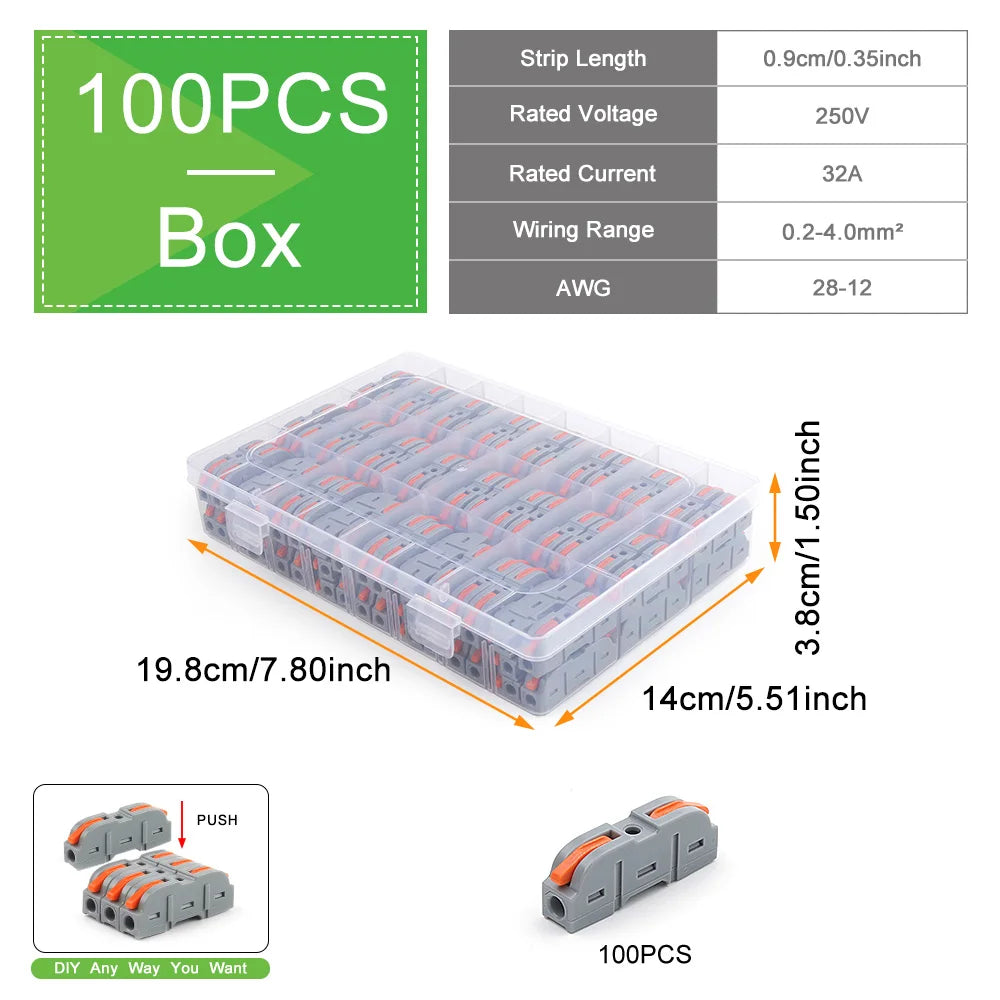 100Pcs 221 Series Boxed Lever Wire Connectors Quick Splicing Terminal Block 0.2-4mm² 32A 250V Electrical Cable Connector Set