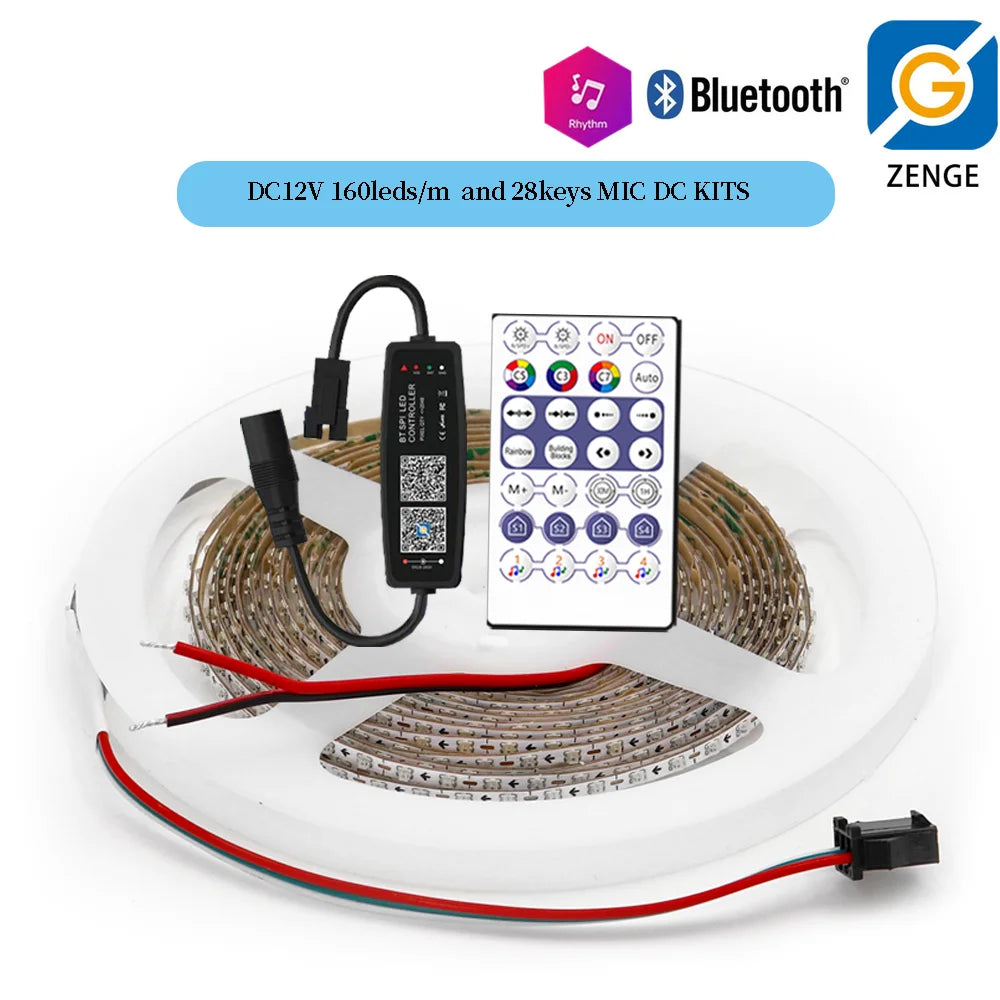 2.7mm WS2812 RGBIC LED Light 160Leds/M WS2812B 2020SMD Addressable Strip Lamp With DC/USB 28keys BT Music Led Controller DC5/12V