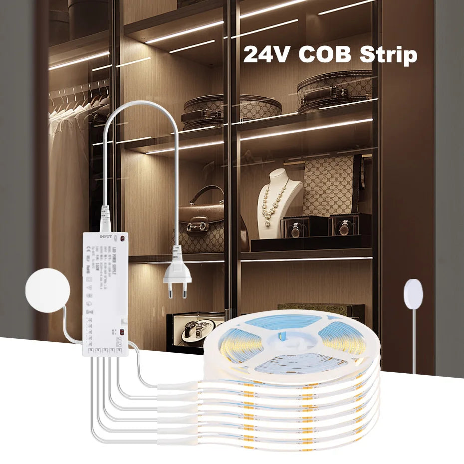 24V COB LED Strip with EU/US/AU/UK Plug Touch Dimmer Switch Adhesive Backing for Cabinets Shelf Closet Kitchen Lighting 1-6pcs