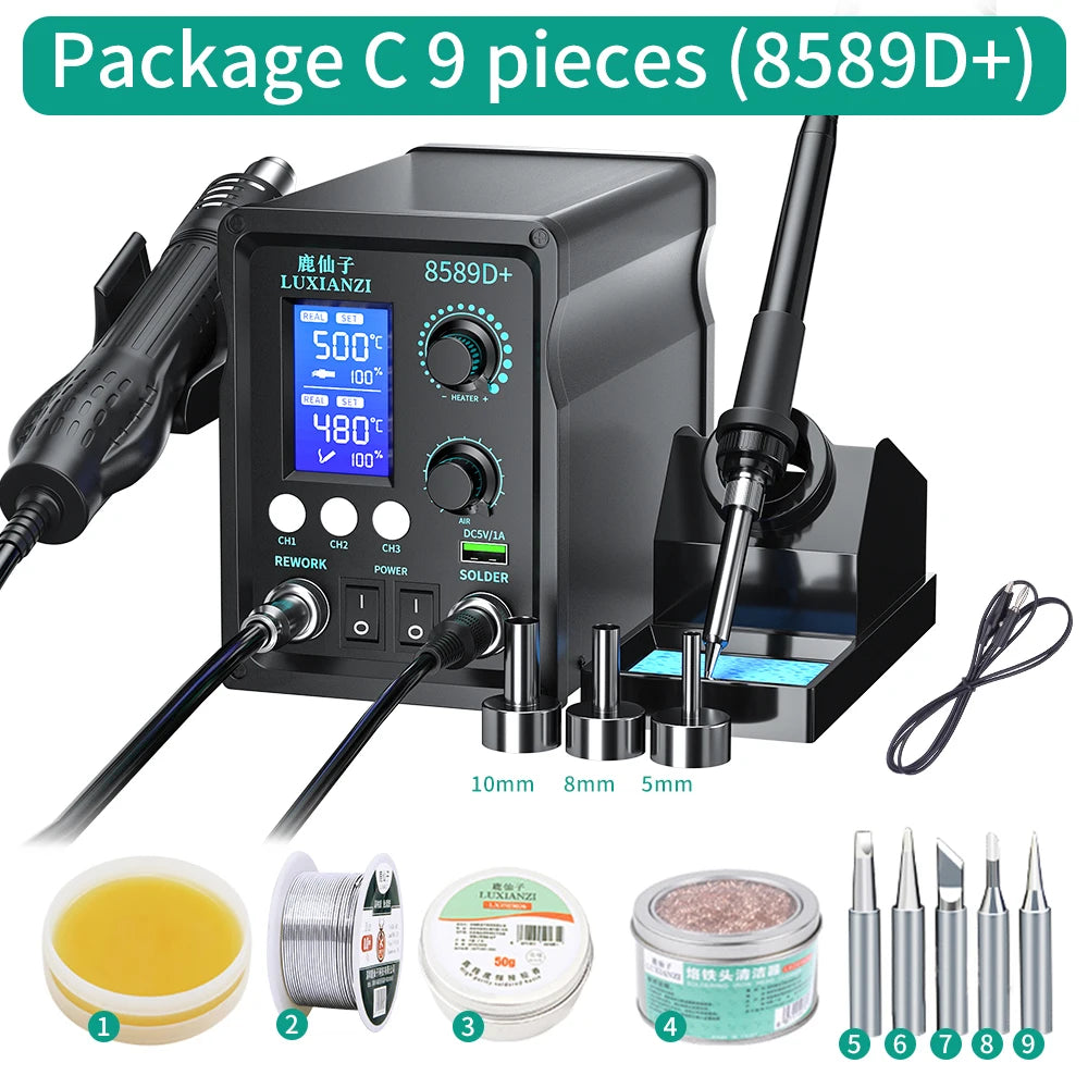 LUXIANZI 8589D+ 2 IN 1 Hot Air Gun Soldering Station With LED Digital Display For BGA PCB IC Repair Tool SMD Rework Station
