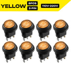 FILN 8PCS 12V 24V 110V 220V Waterproof Rocker Switch 3 Pin LED Lighted ON-OFF Round SPST Toggle Switch for Car Boat Marine PA66