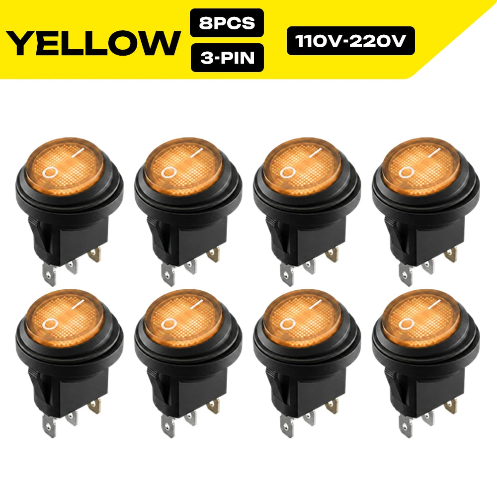 FILN 8PCS 12V 24V 110V 220V Waterproof Rocker Switch 3 Pin LED Lighted ON-OFF Round SPST Toggle Switch for Car Boat Marine PA66