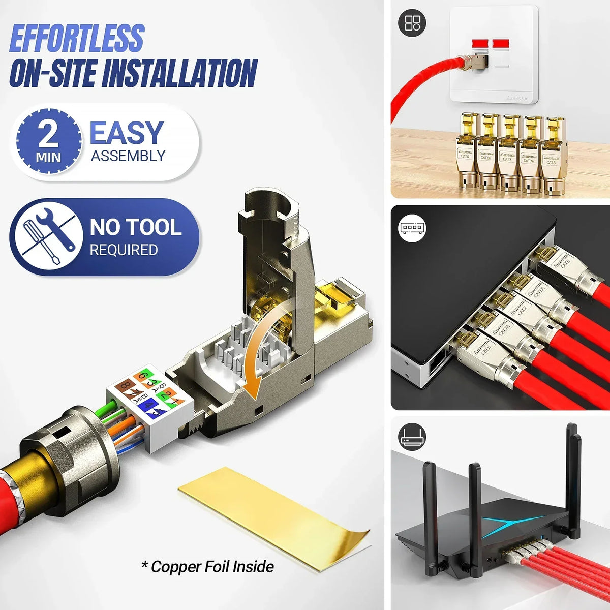 AMPCOM Tool-less RJ45 Connector, CAT8/7A/7/6A/6 Tool Free Reusable Termination Plugs Shielded Ethernet Field Modular PLug