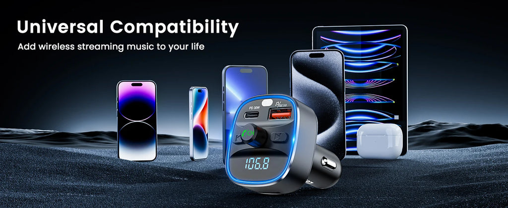 LENCENT Bluetooth 5.4 FM Transmitter with PD 30W &QC 18W Fast Charging Hands-Free Calling Wireless Radio Music Car Adapter