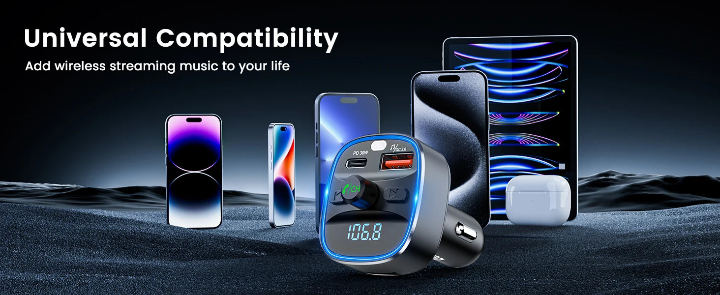 LENCENT Bluetooth 5.4 FM Transmitter with PD 30W &QC 18W Fast Charging Hands-Free Calling Wireless Radio Music Car Adapter