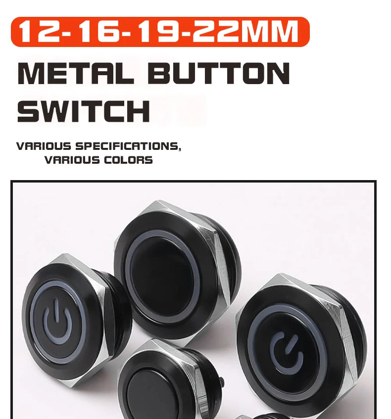12/16/19/22mm Short Stroke Oxide Blcak Shell Metal Button Switch Waterproof Flat Head With Power LED Light Momentary 1NO 6V 24V