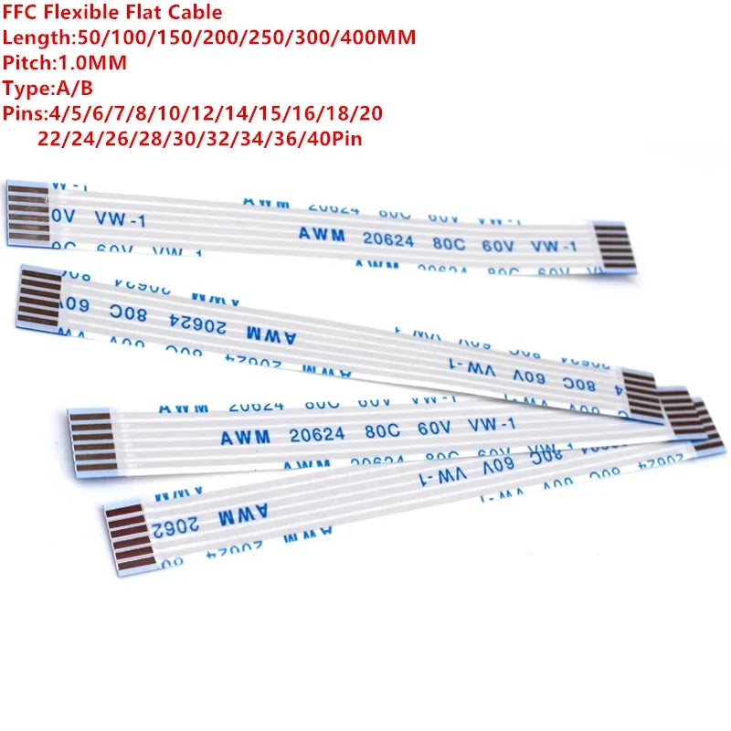 10PCS Flat Flexible Cable FFC FPC AWM 20624 80C 60V VW-1 1.0MM Pitch 4P to 40P Various Pin Options Available