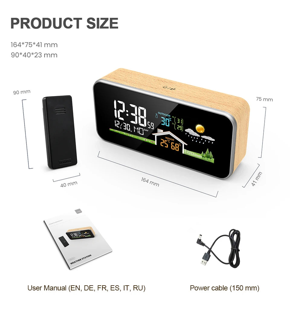 Wireless Weather Station Wooden Alarm Clock Digital Thermometer Humidity Temperature Wireless Sensor Home TimeWatch Desktop
