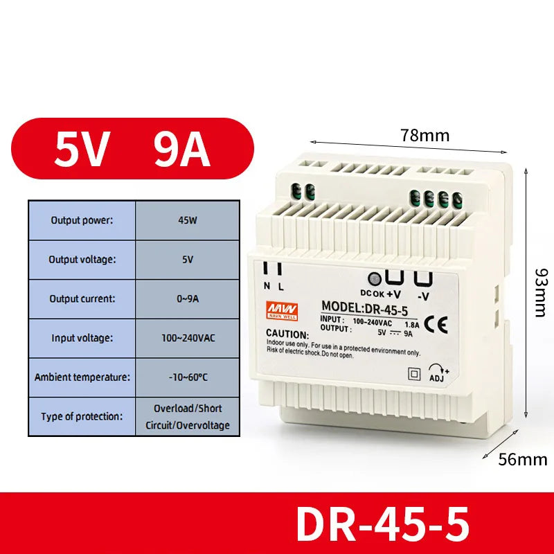 DR-60W Output 5V 12V 15V24V DIN Rail Switching Power Supply 24V DC 220V to 12V Transformer 5V Module Power Supply Box