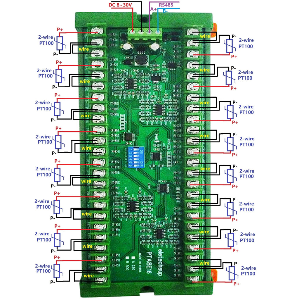16CH DC 12V 24V Temperature Analog PT100 Resistance RS485 Collector Modbus RTU -40-500 High Temperature Acquisition Board