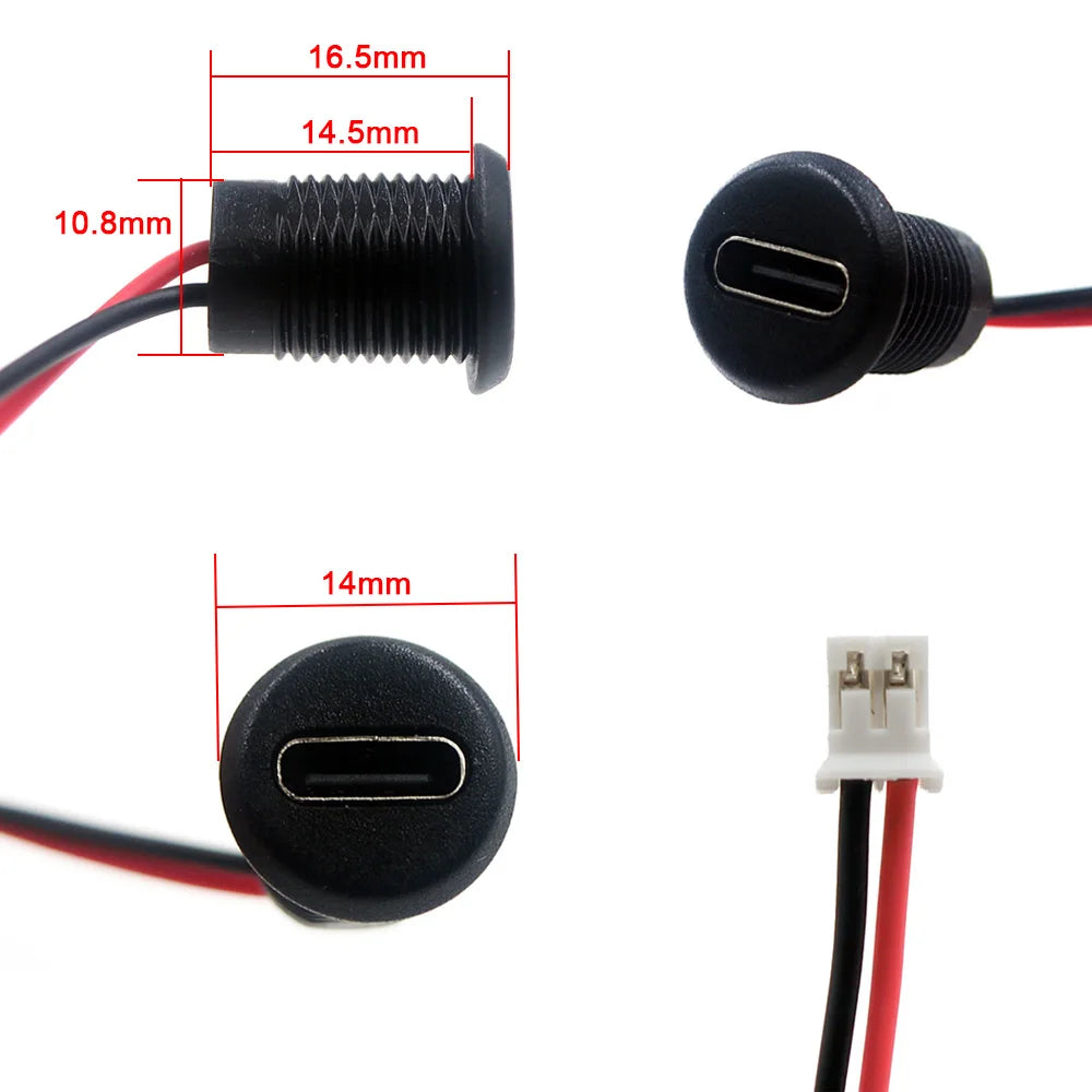 1-10PCS 2Pin USB-C Connector Type-C Waterproof with PH 2.0 nut locking Panel mounting TPC Waterproof Fast Charging jack port