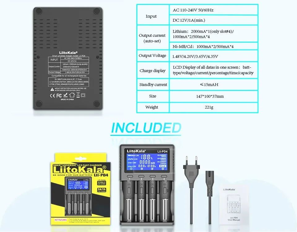 Liitokala Lii-PD4 Lii-PD2 18650 Battery Charger for 1.2V 3.7V NiMH 26650 21700 18350 18500 14500 AA AAA LiFePO4 Batteries